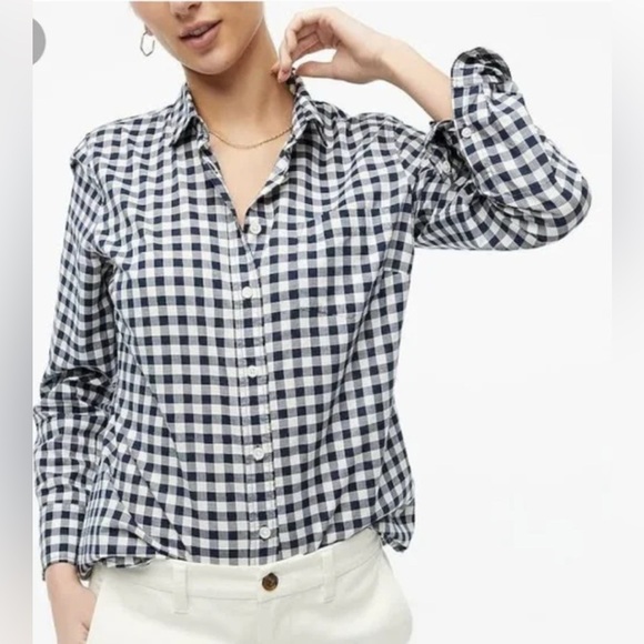 J. Crew Tops - J. Crew Gingham navy blue and white button down long sleeve shirt